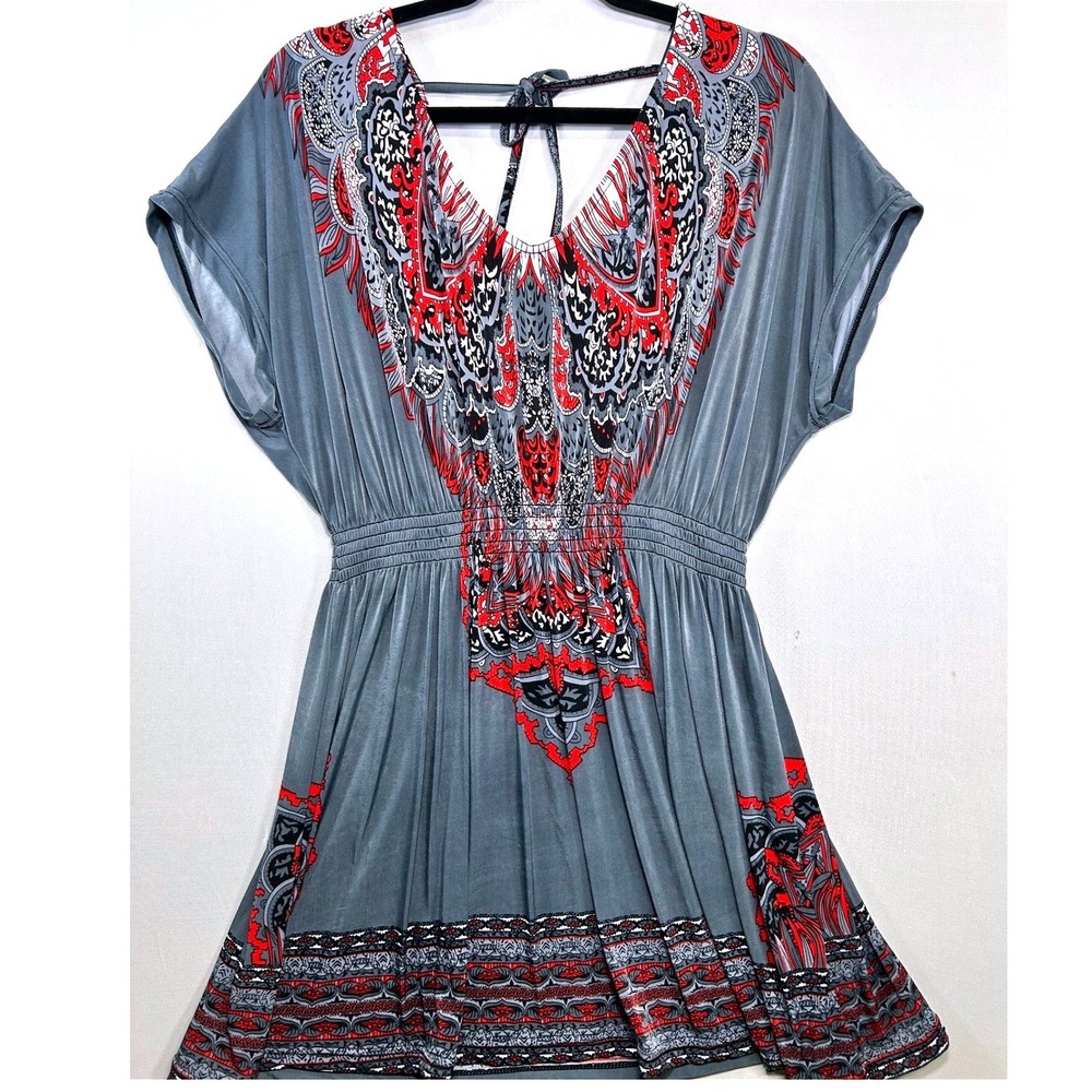 WinWin Adjustable Tie Blouse Boho Tunic Top Gray Red L XL NWT